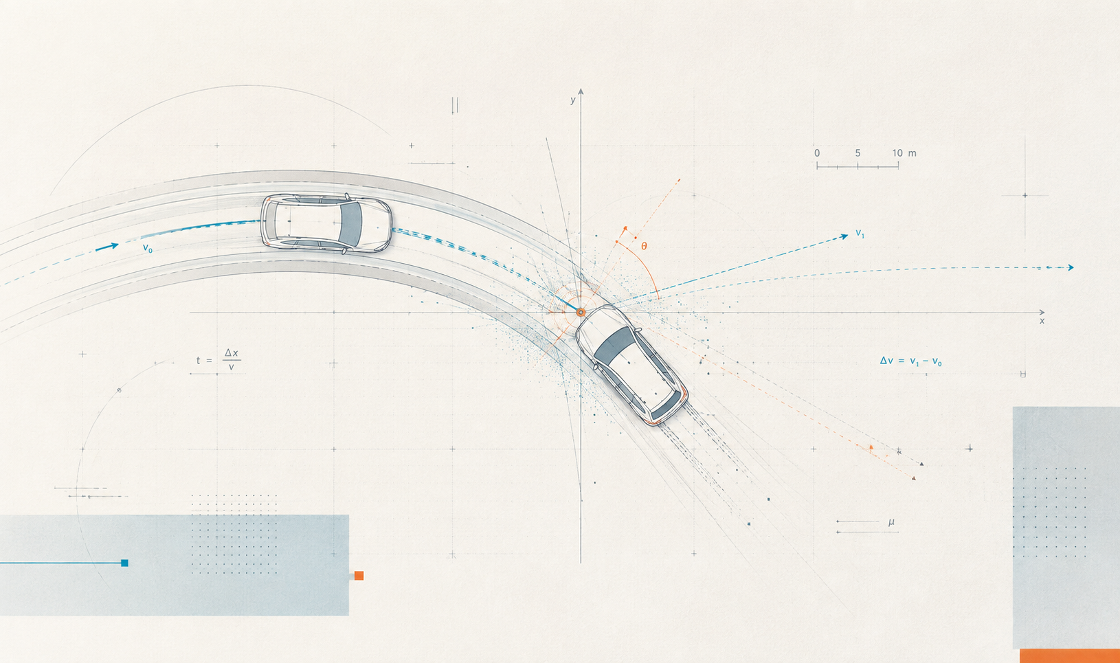 Illustration technique d’une reconstitution d’accident avec trajectoires, vecteurs et point de choc